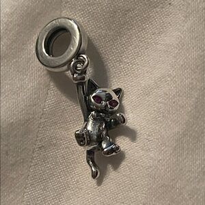 Sterling Silver Cat Charm Pendant with Pink Eyes and a Heart 💜Back of Head
